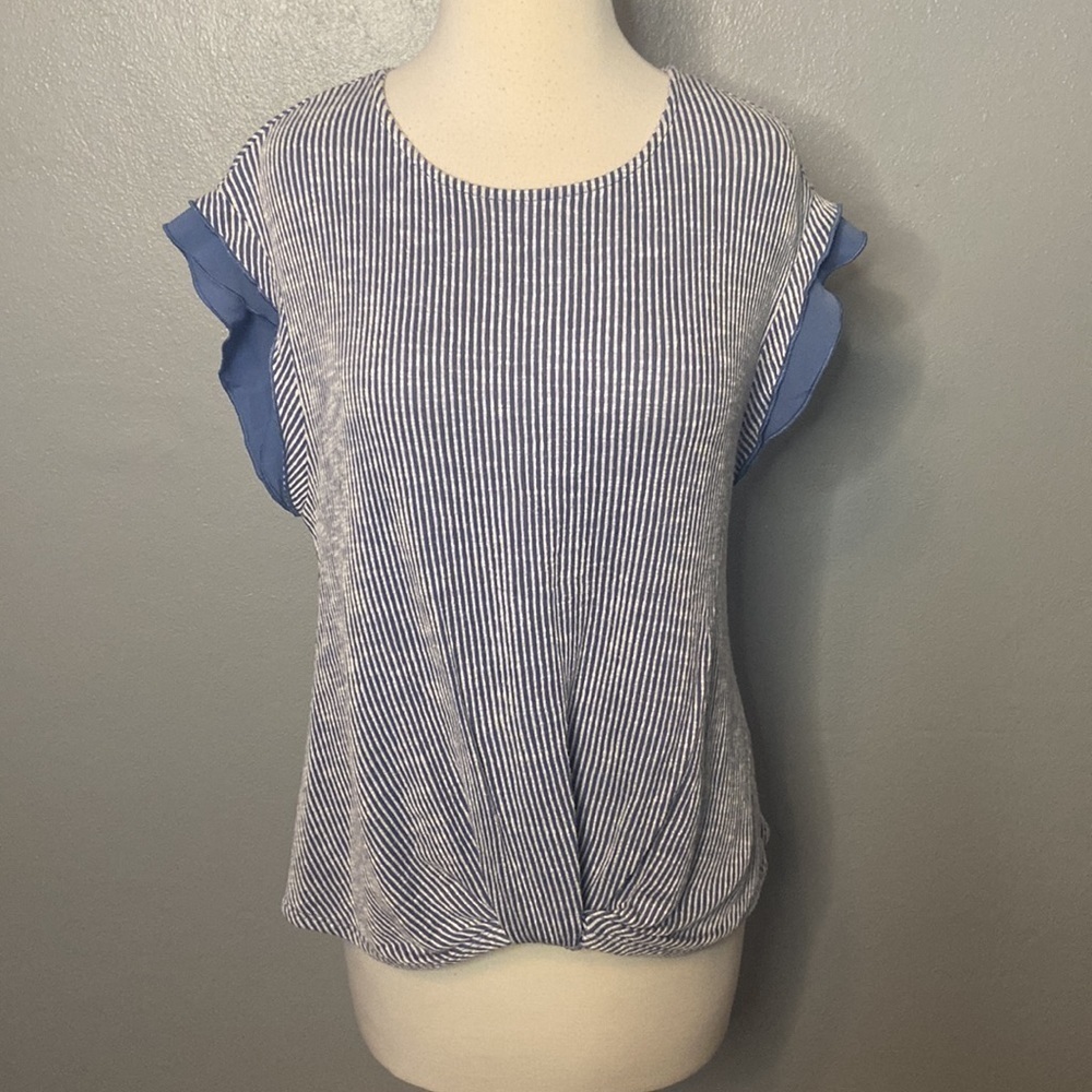 Anthropology W5 Cap Sleeve Top Knotted Front Blue and White Stripes XL